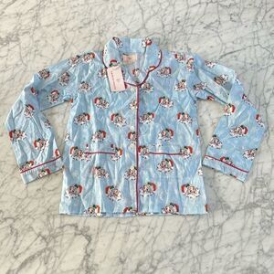 SMOCKING BIRD Vintage Santa Blue Button Down Kid’s Pajama Top NWT Sz 10